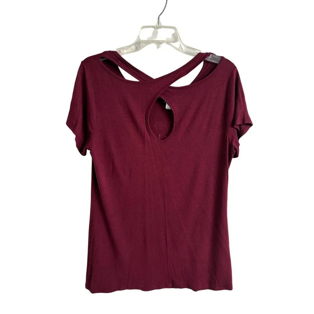 Harley Davidson Womens XL Rhinestone Logo Tee Burgundy Crisscross Back Shirt - Picture 2 of 9